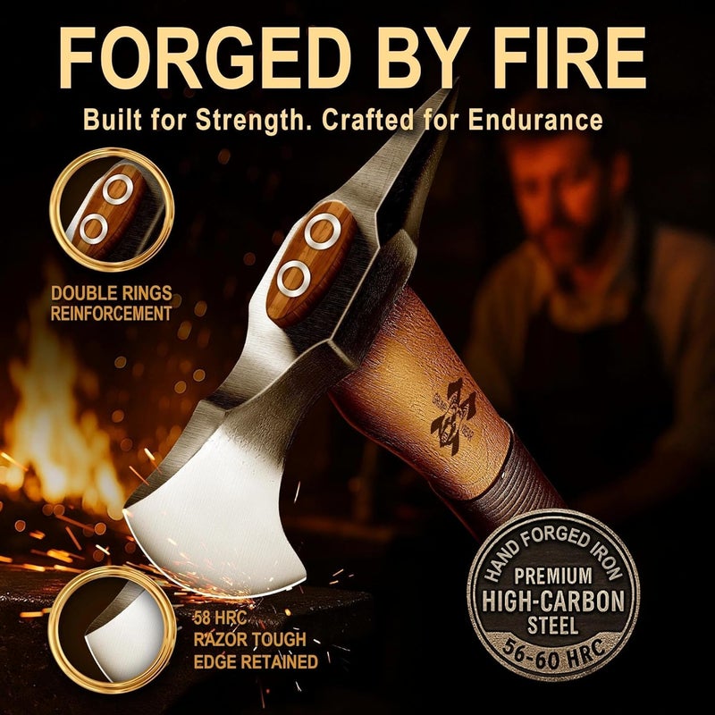 GRUMPY BEAR 15" Survival Axe Camping Hatchet – Forged High Carbon Steel Blade with Walnut Wood Handle – Anti-Slip Grip – Ideal for Bushcraft, Wood Splitting & Outdoor Adventures Black - Image 2